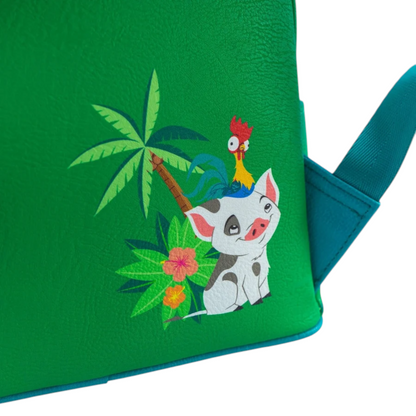 Close up of back of Loungefly Disney Moana Te Fiti Cosplay Mini Backpack with Hei Hei and Pua characters on a white background