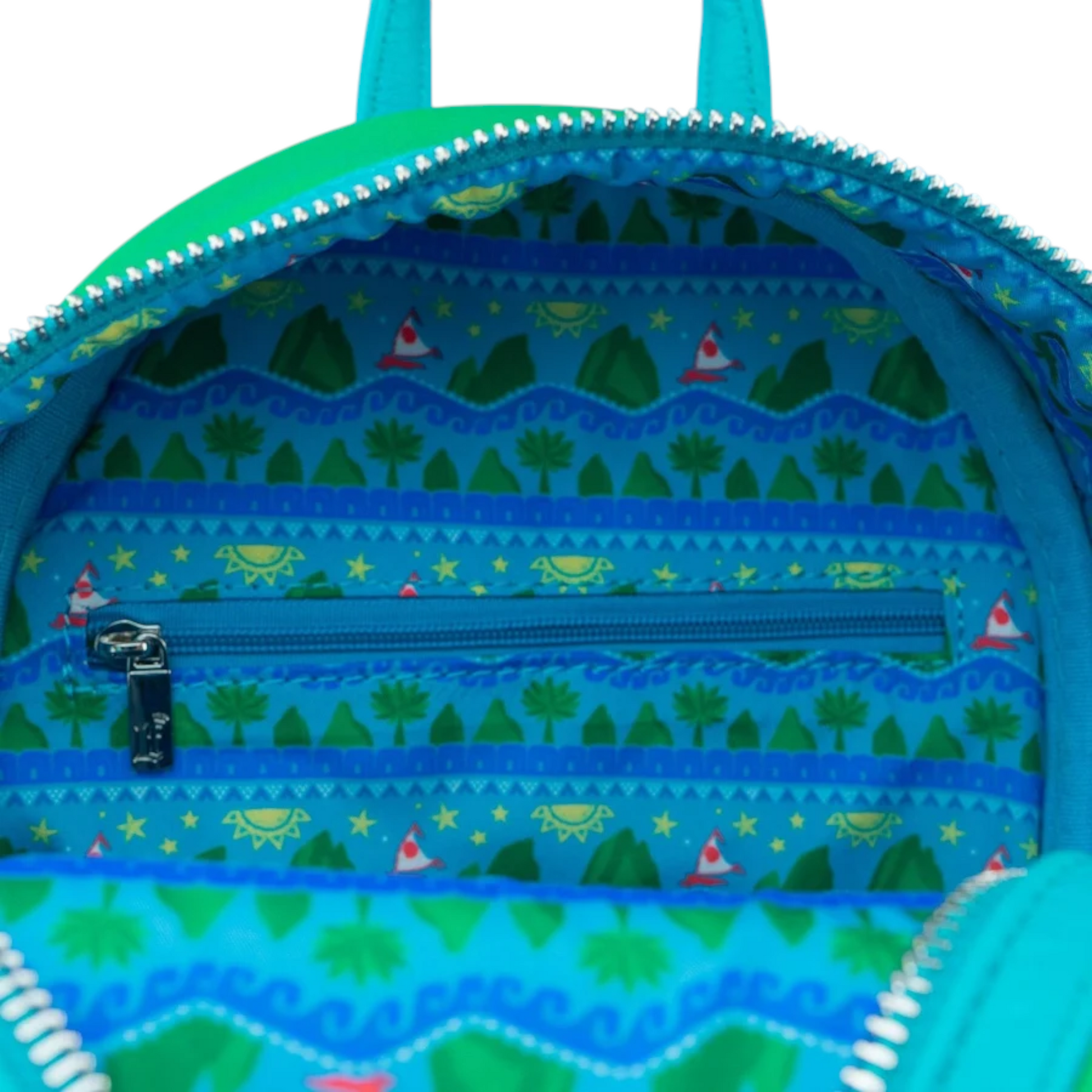 Inside of Loungefly Disney Moana Te Fiti Cosplay Mini Backpack with pattern of trees and characters on a white background