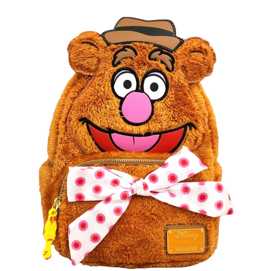 Plush backpack with Muppets Fozzie Bear  design and a polka dot bow on a white background