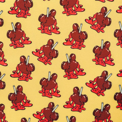 Pattern of red Candy Apple Mickey Mouse characters with ice cream cones on a yellow background