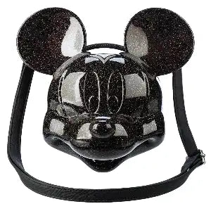 Front view Mickey Mouse Black Glitter Molded Head Crossbody Bag on a white background