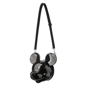 Side view Mickey Mouse Black Glitter Molded Head Crossbody Bag on a white background
