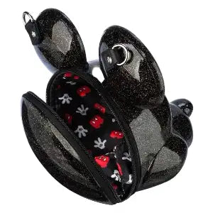 Side and inside view of Mouse Black Glitter Molded Head Crossbody Bag on a white background