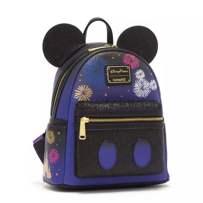 Mini backpack with Mickey Mouse ears featuring fireworks design on a white background