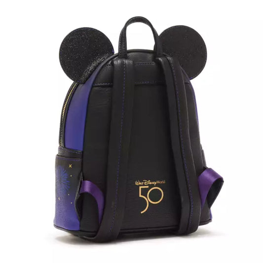 Black backpack with Mickey Mouse ears and 'Walt Disney World 50' logo on a white background