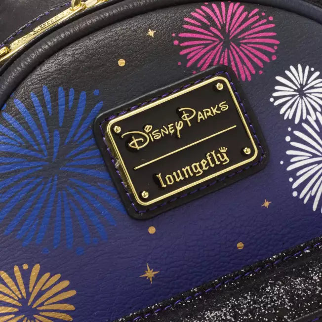 Disney Parks Loungefly bag with colorful firework patterns and gold accents.