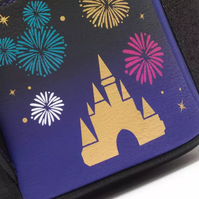 Side of the mini backpack includes a gold castle and colorful fireworks on a blue background