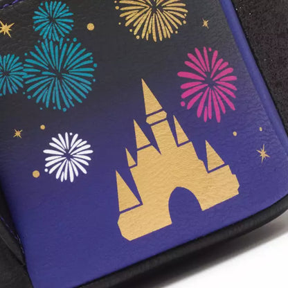 Side of the mini backpack includes a gold castle and colorful fireworks on a blue background