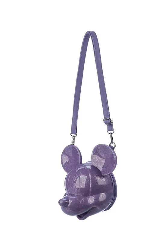  Mickey Mouse Purple Glitter Molded Head crossbody bag with a strap on a white background
