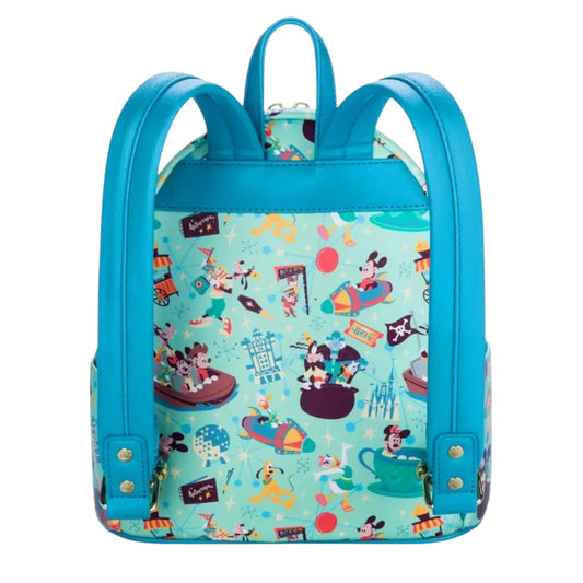 Backpack with colorful Mickey and Friends Play in the Park character pattern on a white background