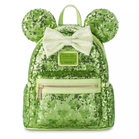 Loungefly Vault Disney Parks Minnie Mouse Sequin Tinkerbell Green Backpack & Ears Set