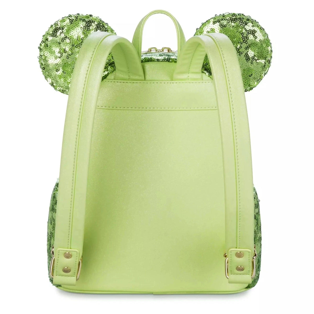 Loungefly Vault Disney Parks Minnie Mouse Sequin Tinkerbell Green Backpack & Ears Set