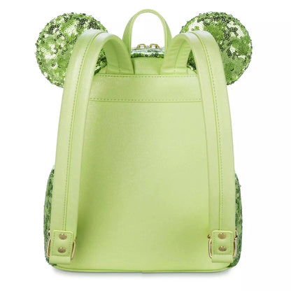 Loungefly Vault Disney Parks Minnie Mouse Sequin Tinkerbell Green Backpack & Ears Set
