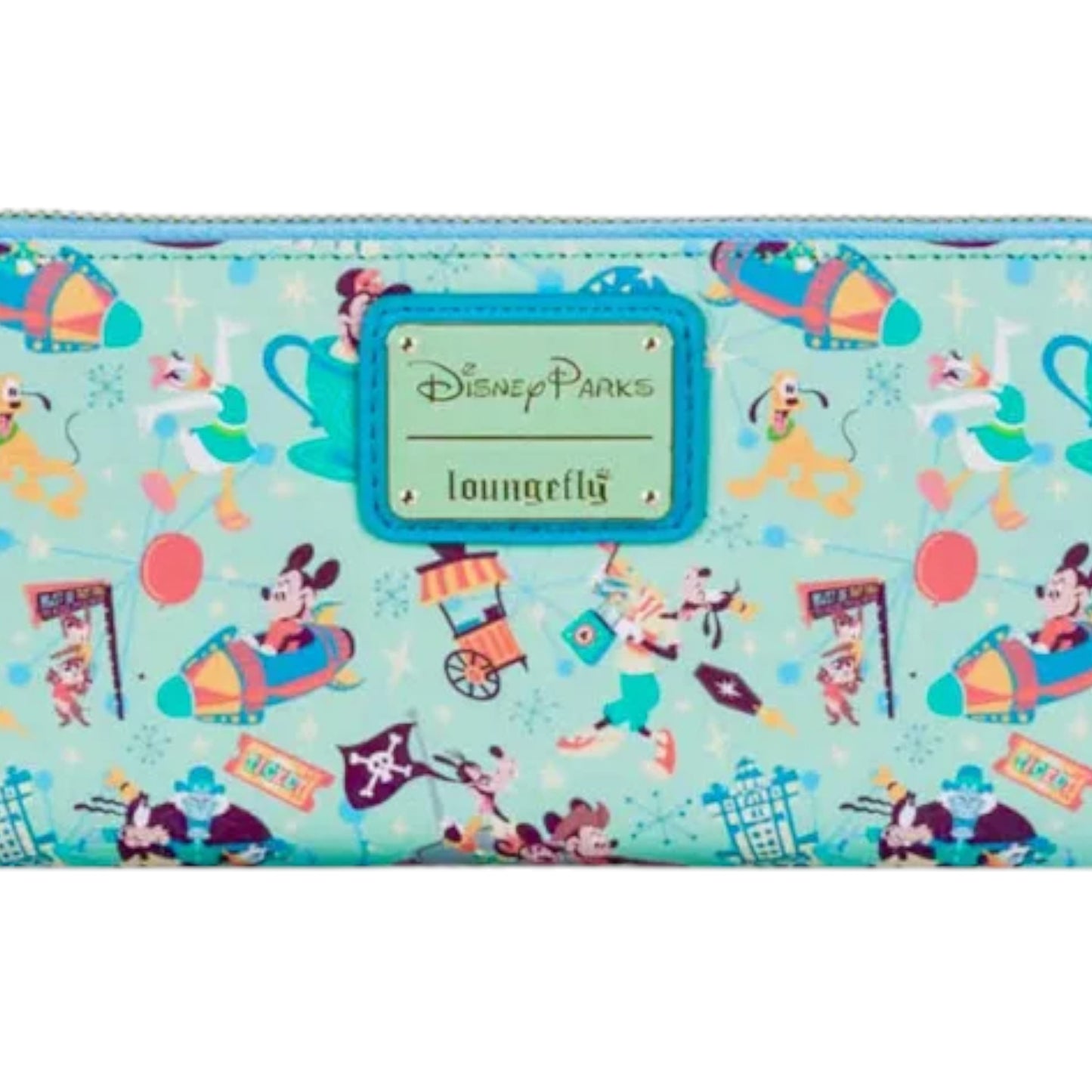 Disney Parks Loungefly bag with mickey and friends character pattern on a light blue background