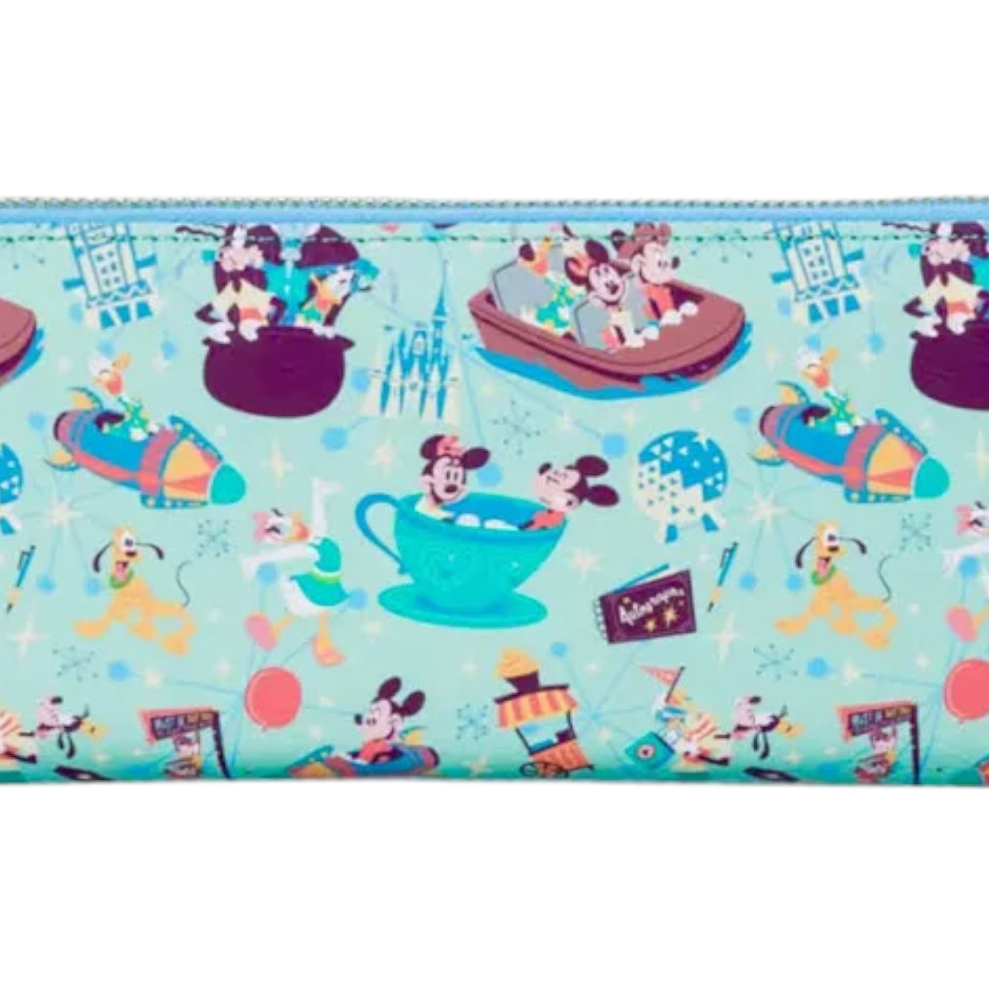 Colorful wallet with mickey and friends characters and scenes on a light blue background