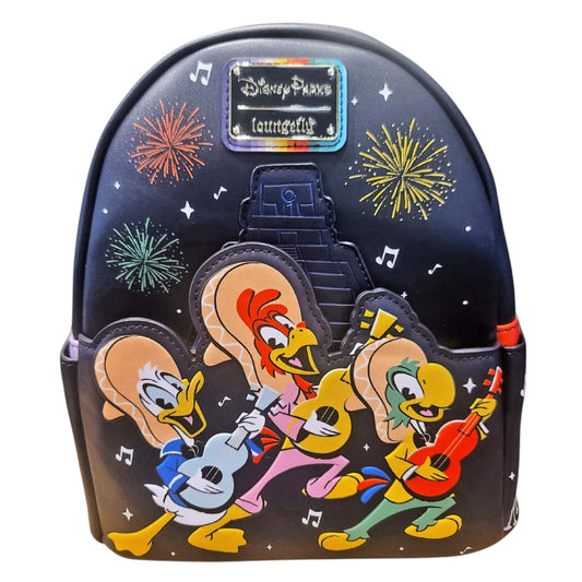 Backpack with The Three Caballeros characters playing instruments against a fireworks background, featuring the Disney Loungefly logo.