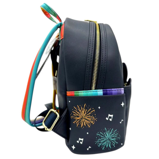 Black The Three Caballeros backpack with fireworks and music note designs on a white background