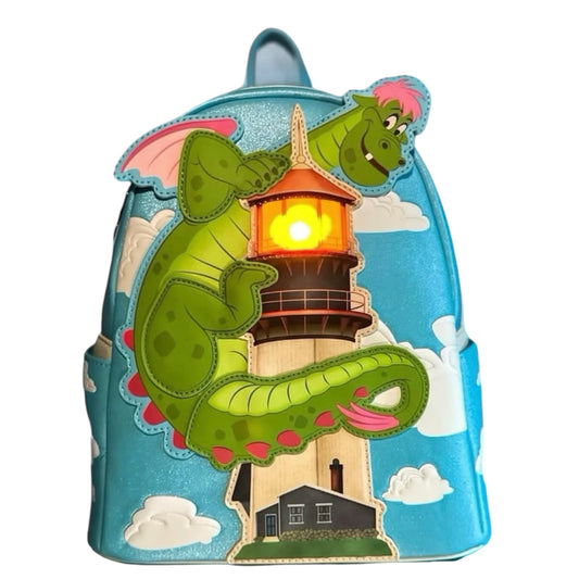 Pete's Dragon Elliott's Lighthouse Backpack with Elliott the dragon and lighthouse design on a blue background