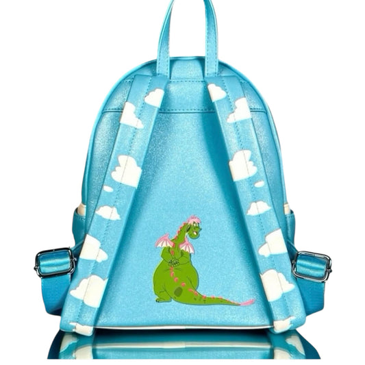 Blue backpack with a Elliott the dragon design on a white background