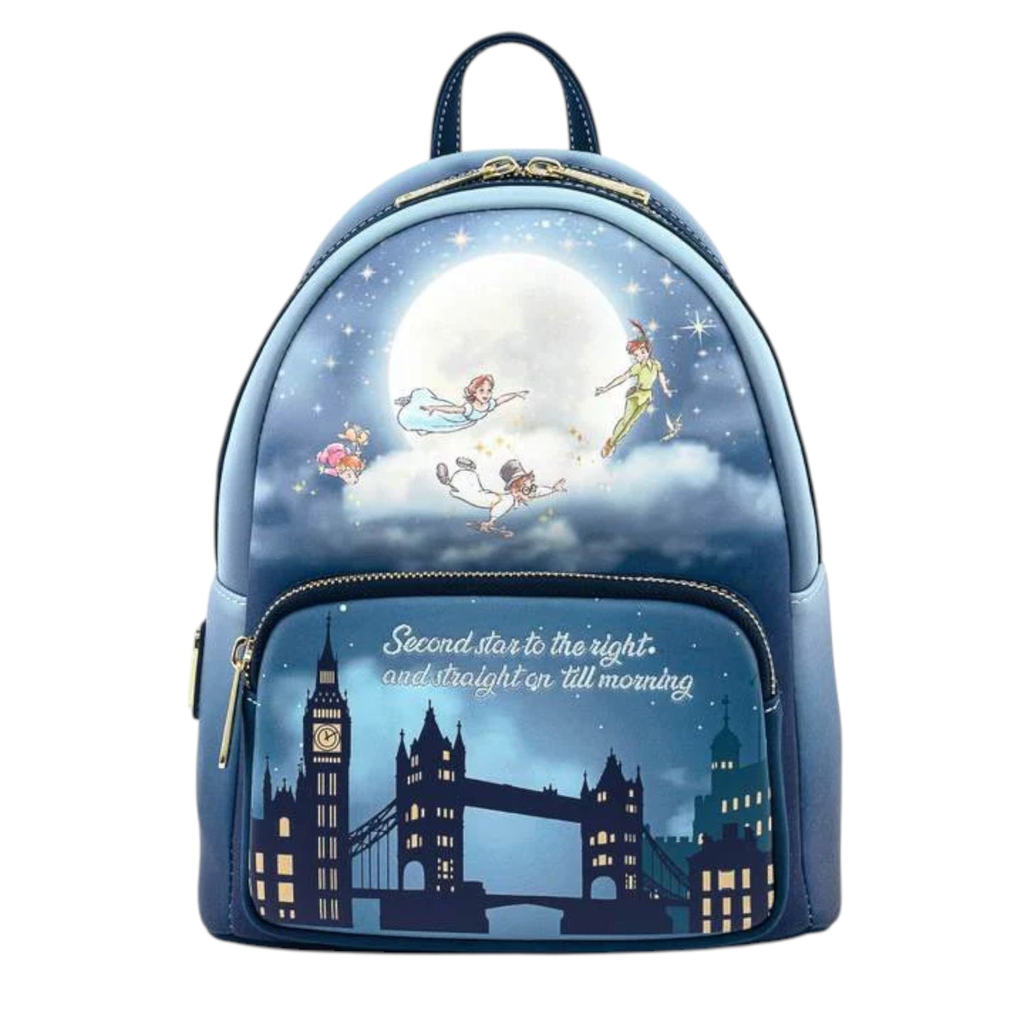Loungefly Disney Peter Pan Second Star Glow in the Dark Mini Backpack with character design and London skyline on a white background
