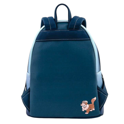 Blue Loungefly Disney Peter Pan Second Star Glow in the Dark Mini Backpack with a small dog illustration on a white background