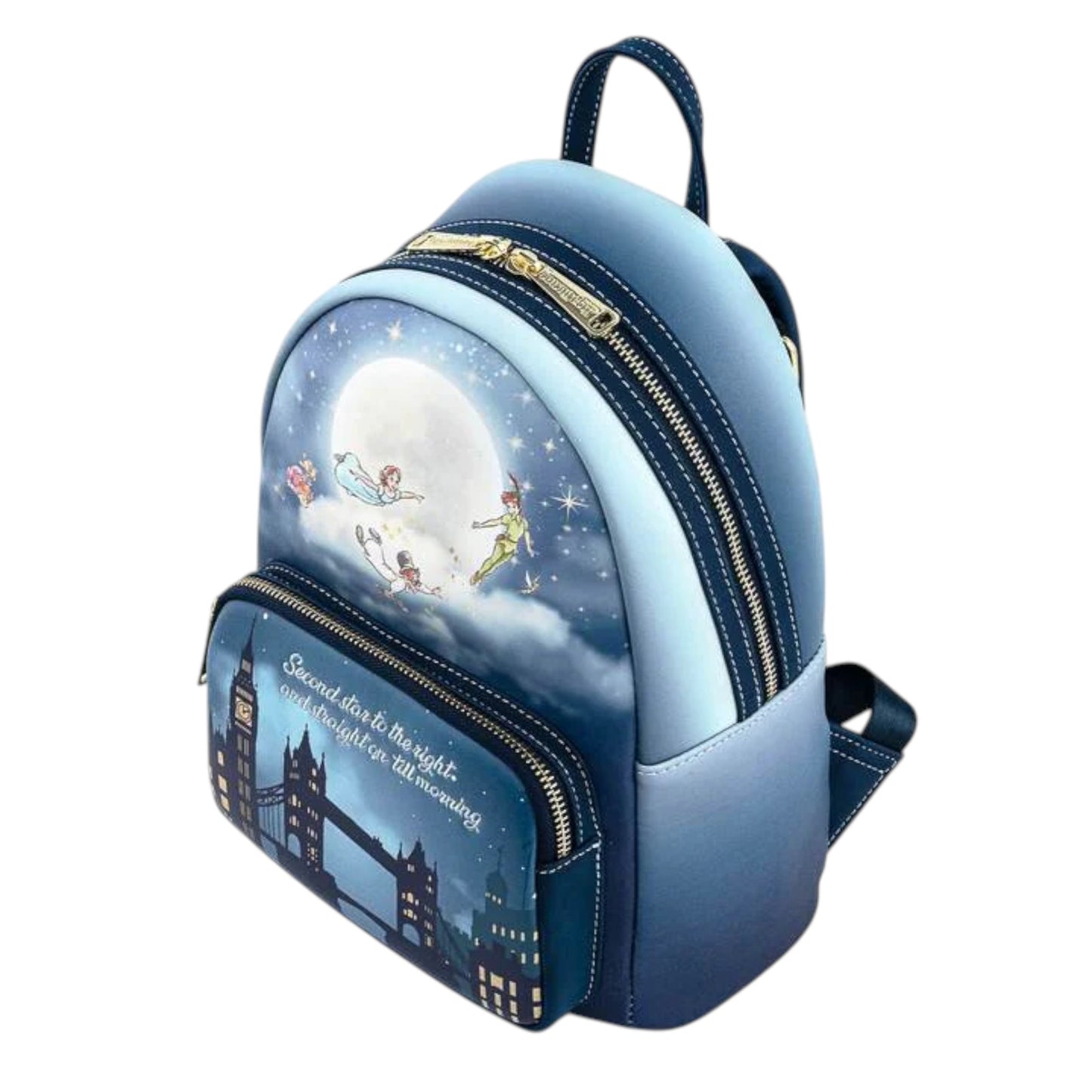 Blue Loungefly Disney Peter Pan Second Star Glow in the Dark Mini Backpack with character design and London skyline on a white background