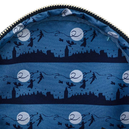 Close-up of a inside of blue Loungefly Disney Peter Pan Second Star Glow in the Dark Mini Backpack with character design and London skyline fabric with moon and silhouette patterns
