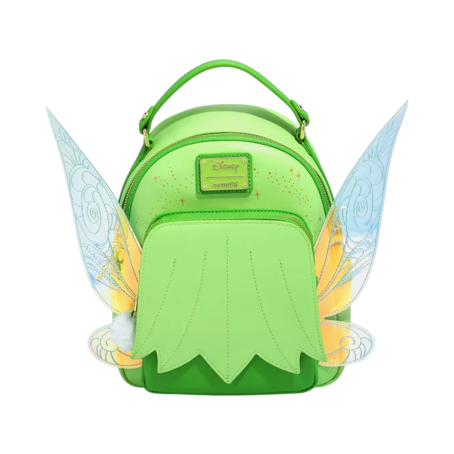 Green Loungefly Disney Peter Pan Tinker Bell Wings Figural Mini Backpack with Tinker Bell fairy wings and a white pom-pom zipper charm on a white background