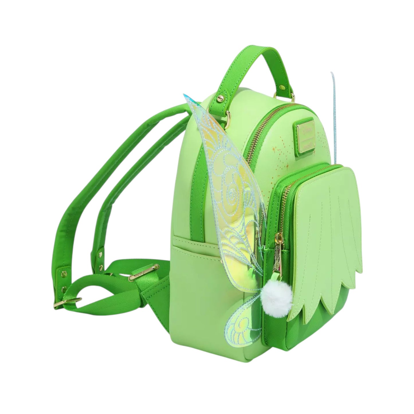 Green Loungefly Disney Peter Pan Tinker Bell Wings Figural Mini Backpack with Tinker Bell fairy wings and a white pom-pom zipper charm on a white background