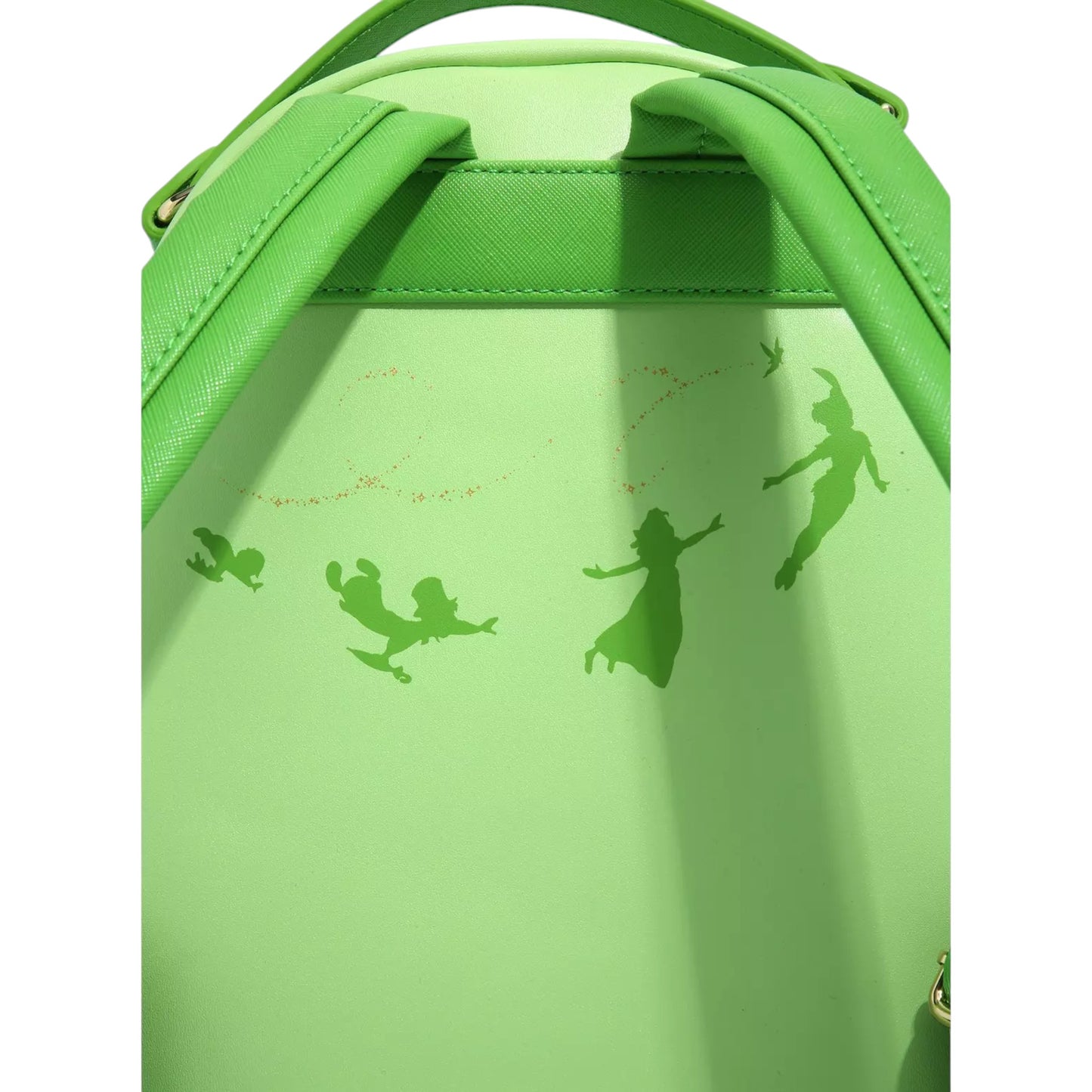 Back of Green Loungefly Disney Peter Pan Tinker Bell Wings Figural Mini Backpack with character silhouette designs on a white background