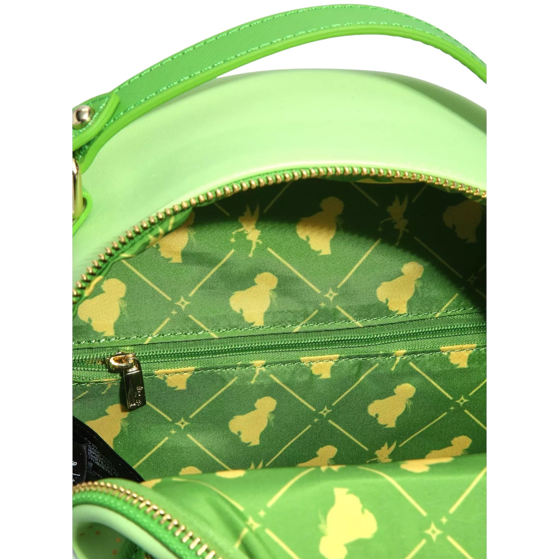 Inside of Green Loungefly Disney Peter Pan Tinker Bell Wings Figural Mini Backpack with gold pattern on a white background
