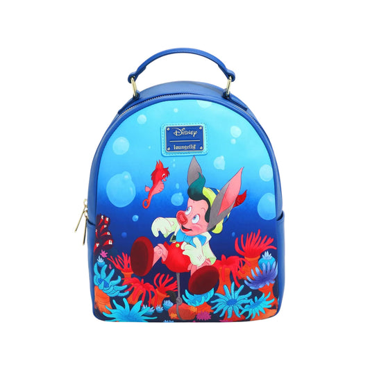 Colorful backpack with Pinocchio Underwater character design on a white background