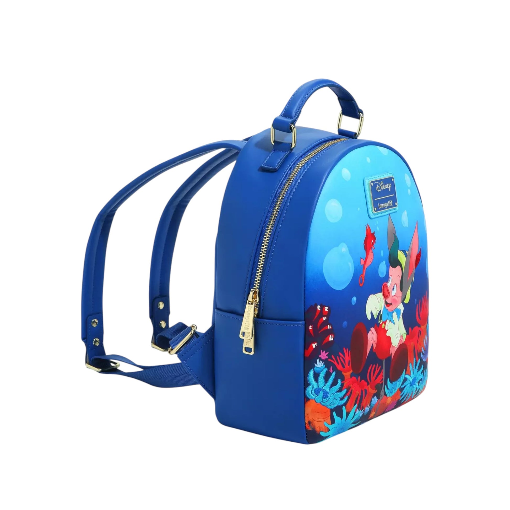 Blue backpack with Pinocchio Underwater character design on a white background