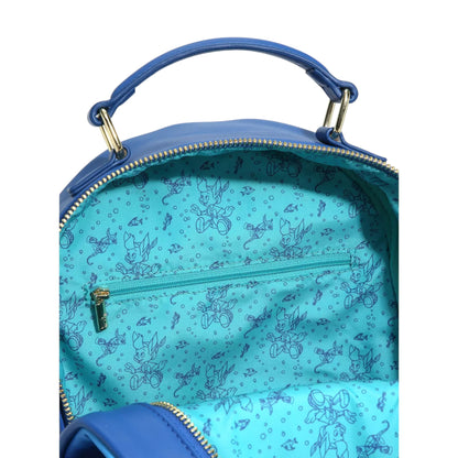 Blue backpack with a pattern of Pinocchio characters on a white background