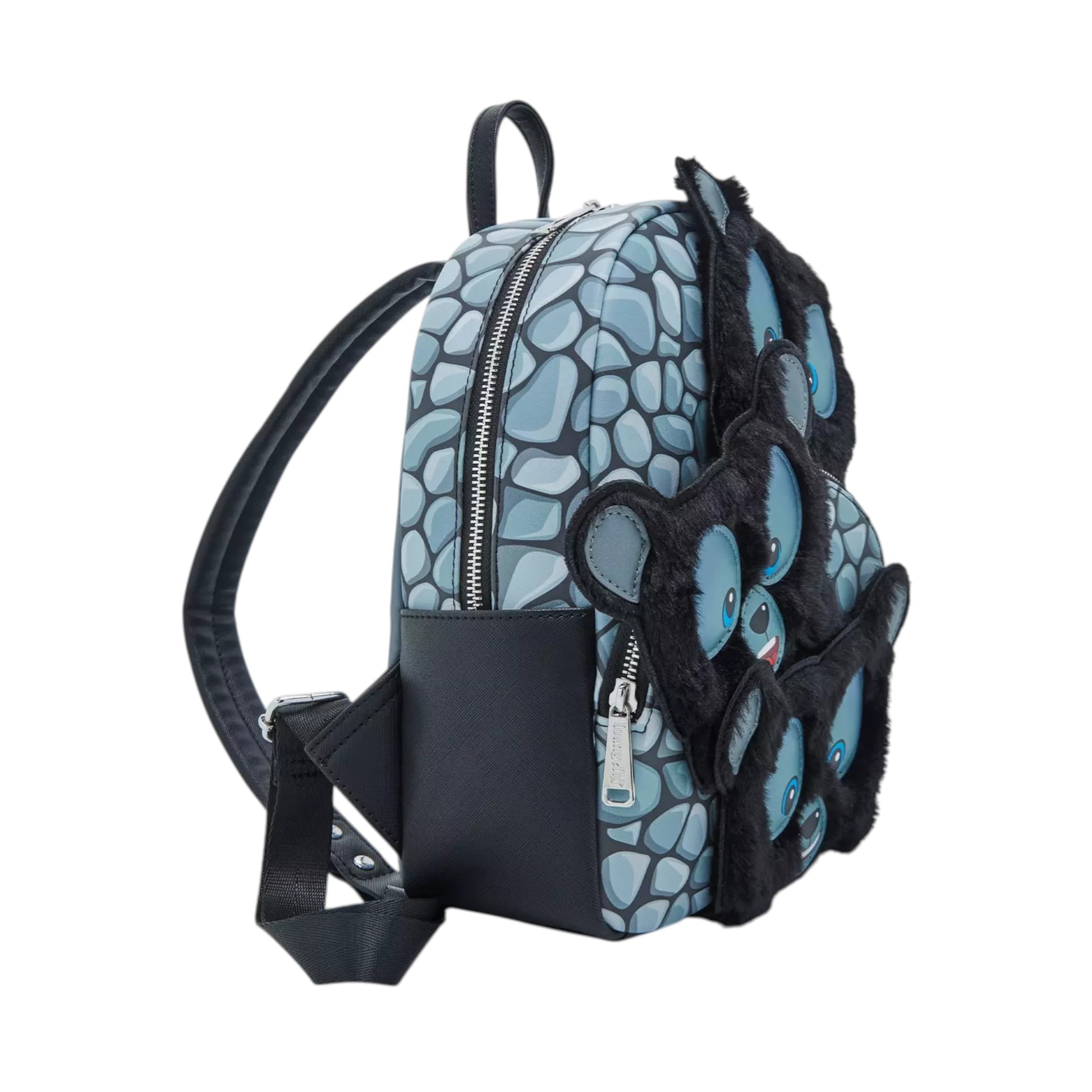 Brave Bear Brothers Mini Backpack with blue textured design and black bear faces in fur accents on a white background