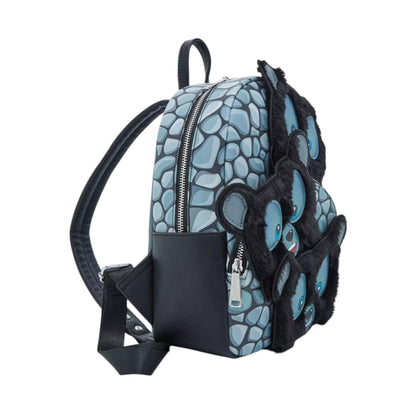 Brave Bear Brothers Mini Backpack with blue textured design and black bear faces in fur accents on a white background