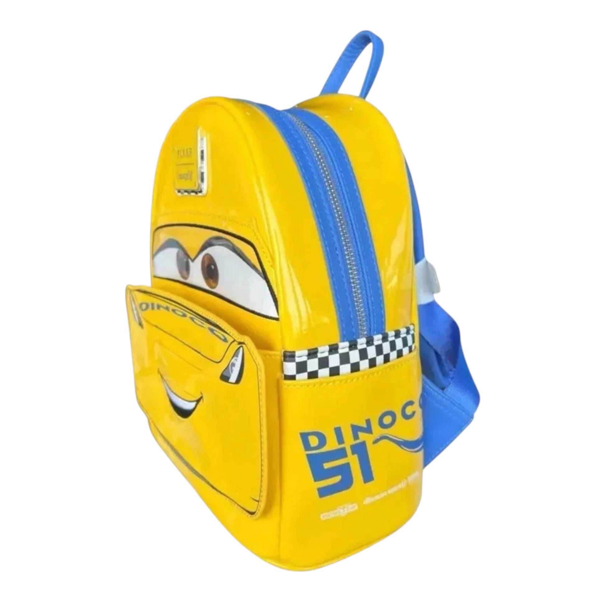 Yellow Cars Cruz Ramirez design backpack with blue accents on a white background