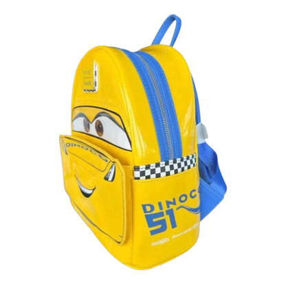 Yellow Cars Cruz Ramirez design backpack with blue accents on a white background