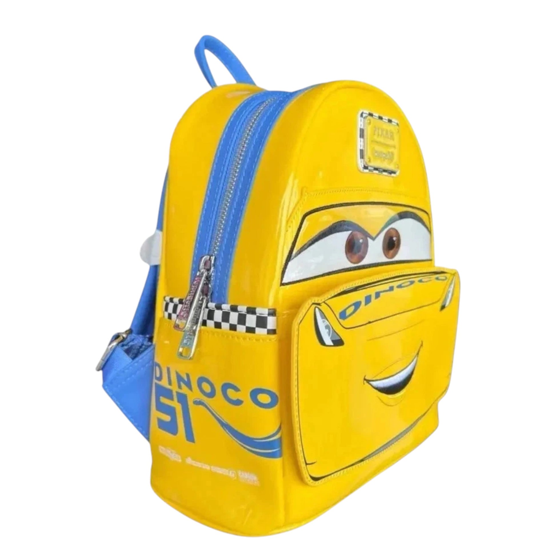 Yellow Cars Cruz Ramirez design backpack with blue accents on a white background
