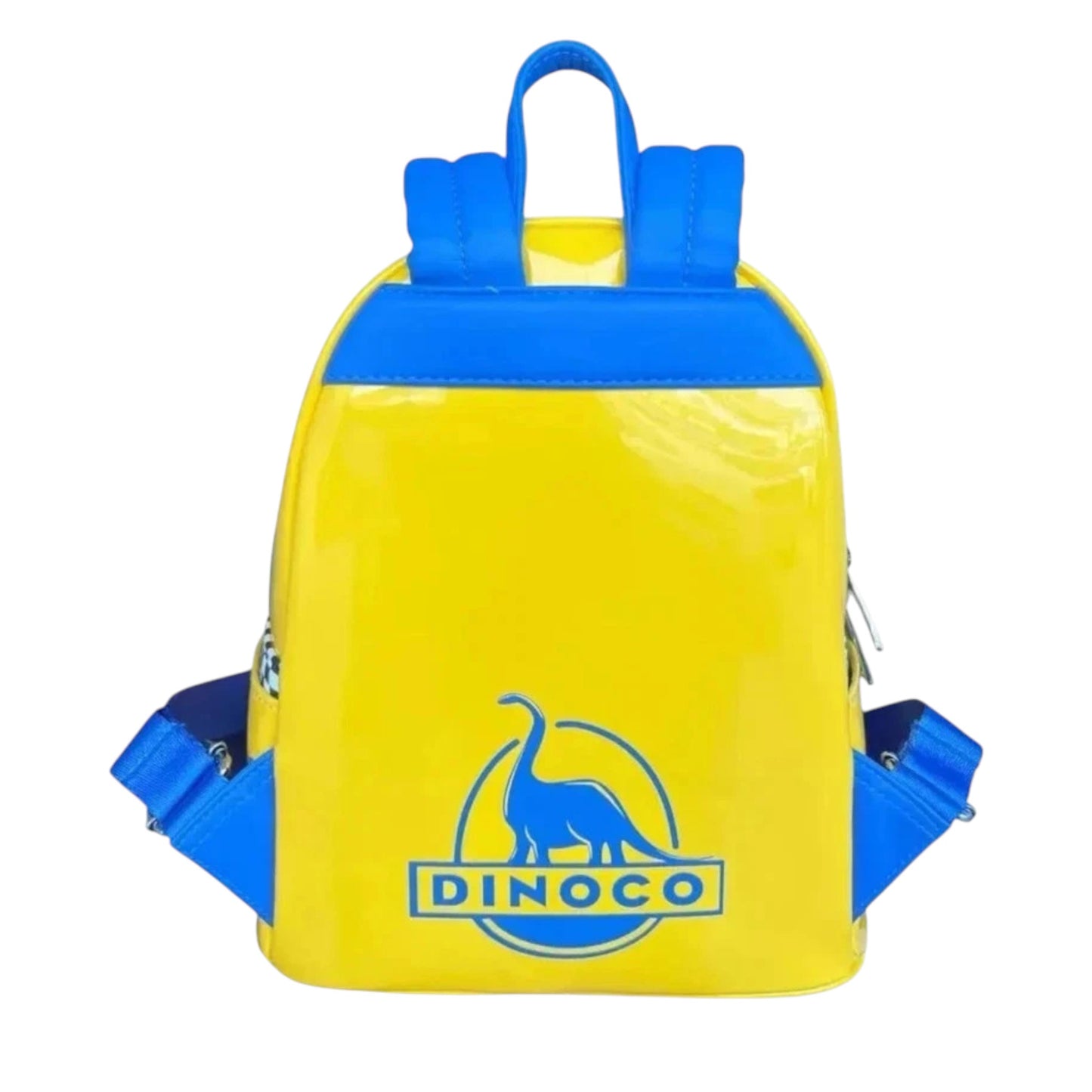 Yellow Cruz Ramirez design backpack with blue accents and a dinosaur logo  with Dinoco  text on a white background