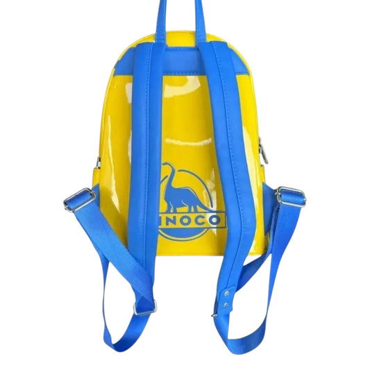 Back of Yellow Loungefly Disney Pixar Cars Cruz Ramirez Cosplay Mini Backpack with blue straps a dinosaur character and 'Dinoco' text on a white background