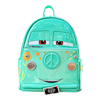 Teal Loungefly Disney Pixar Cars Fillmore Mini Backpack with Fillmore  face design on a white background