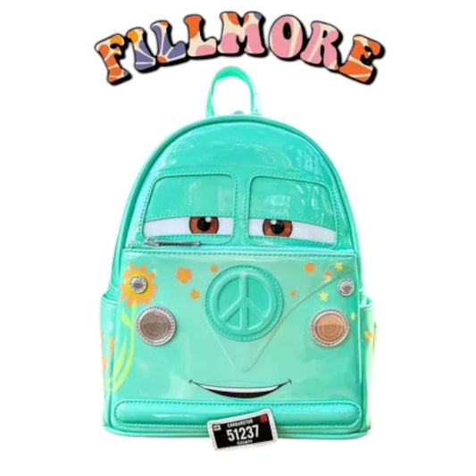 Teal Cars backpack with Fillmore face design on a white background