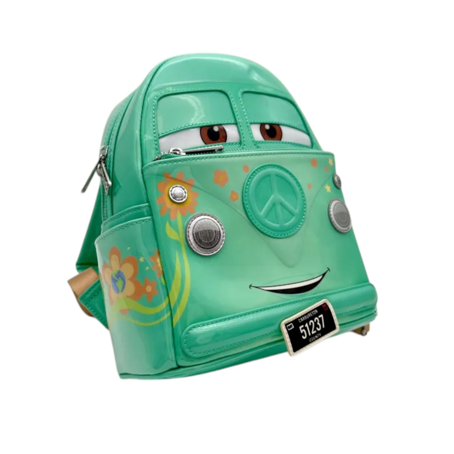 Teal Loungefly Disney Pixar Cars Fillmore Mini Backpack with Fillmore  face design on a white background