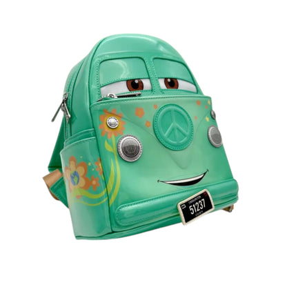Teal Loungefly Disney Pixar Cars Fillmore Mini Backpack with Fillmore  face design on a white background