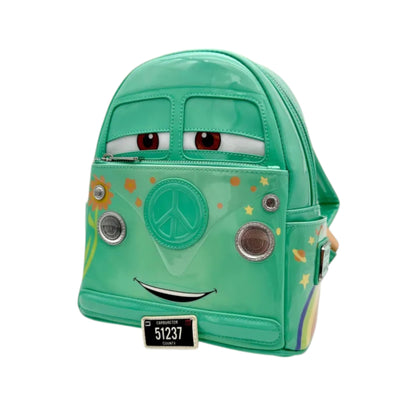 Teal Loungefly Disney Pixar Cars Fillmore Mini Backpack with Fillmore  face design on a white background