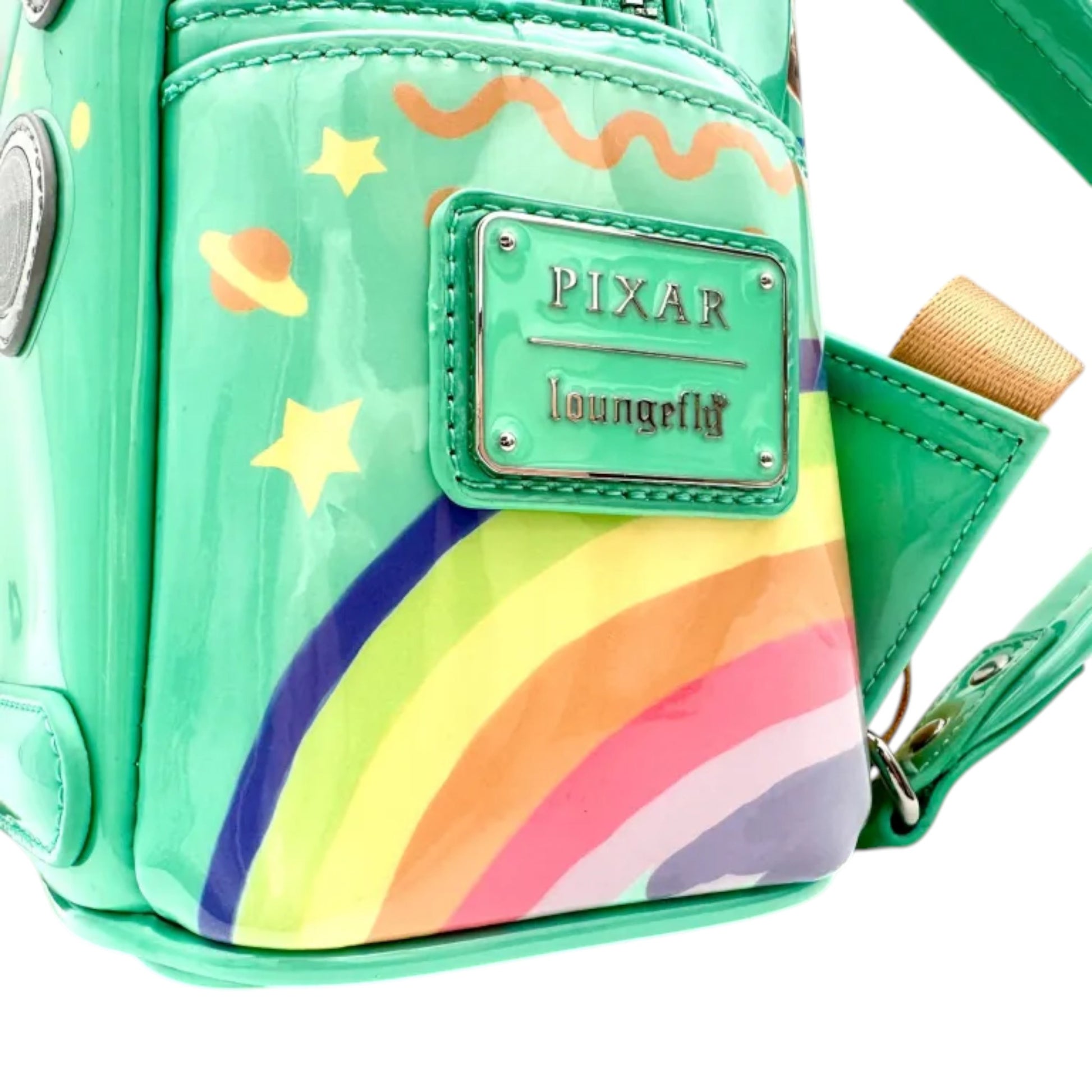 Close-up of Teal Loungefly Disney Pixar Cars Fillmore Mini Backpack with Pixar and Loungefly branding on a white background