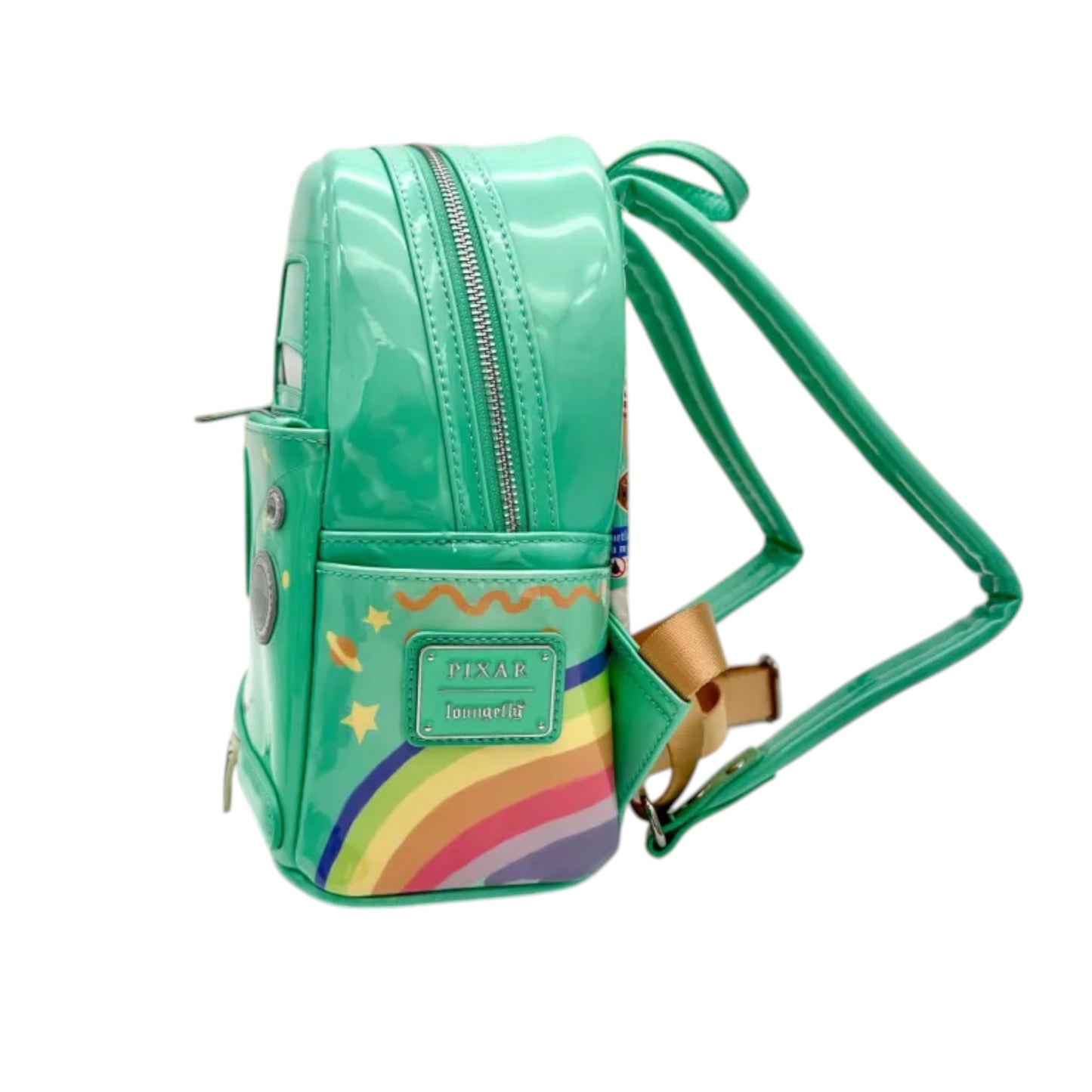 Side view of Teal Loungefly Disney Pixar Cars Fillmore Mini Backpack with rainbow design and visible brand name Pixar Loungefly logo on a white background