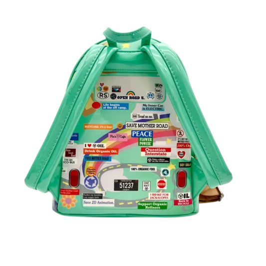 Back of Teal Loungefly Disney Pixar Cars Fillmore Mini Backpack with  colorful graphics and text on a white background