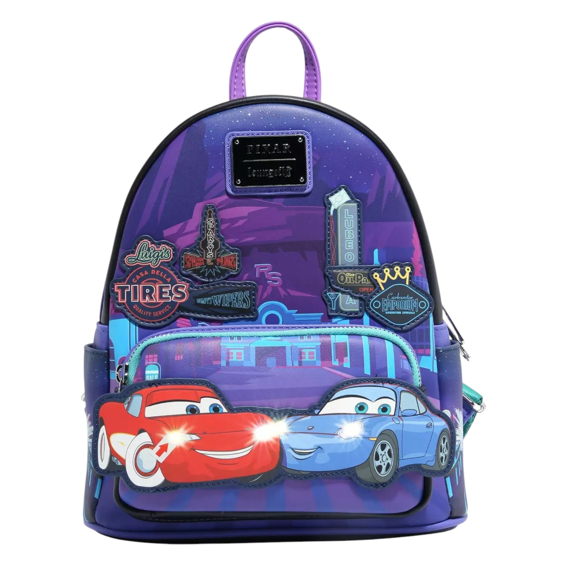 Backpack with Lightning McQueen & Sally Nighttime cars and cityscape design on a white background